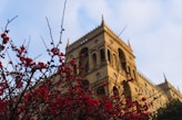 Red flowers bloom in front of a grand building.