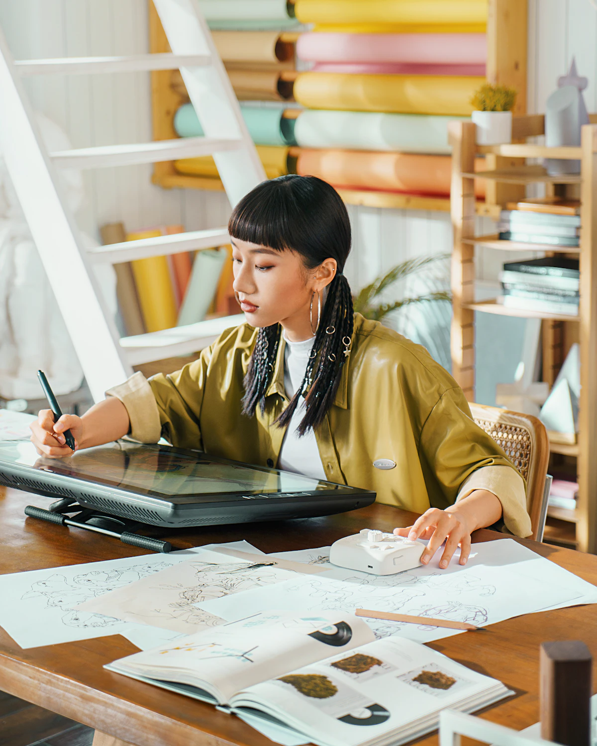 Une jeune femme dessine au stylet sur une tablette graphique dans un atelier, entourée de croquis et de rouleaux de papier colorés