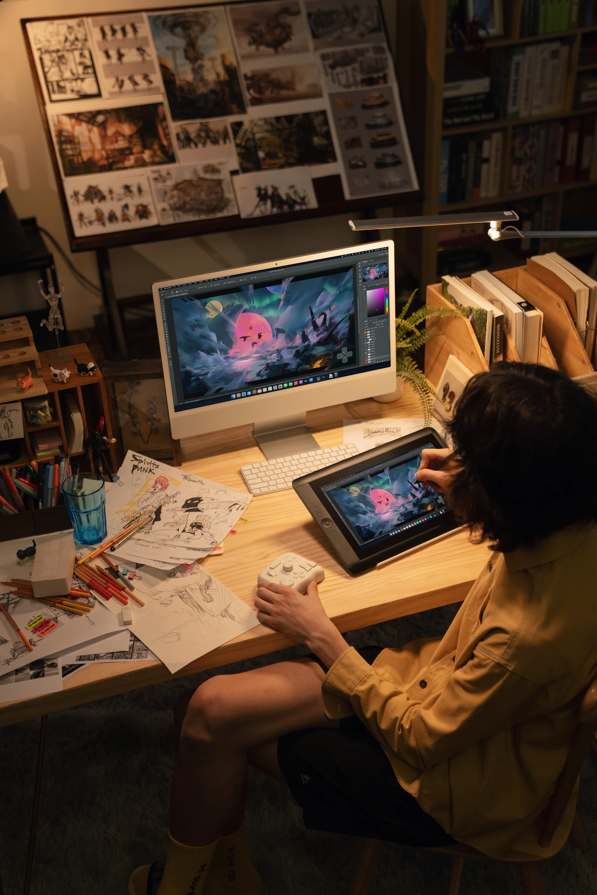 Artist creating digital art on a desk.