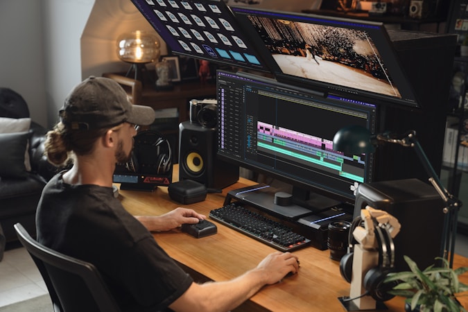 Video editor working at a professional color grading suite with multiple monitors