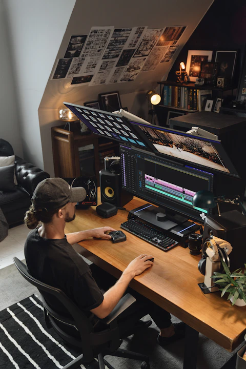 A person edits video at a modern computer setup.