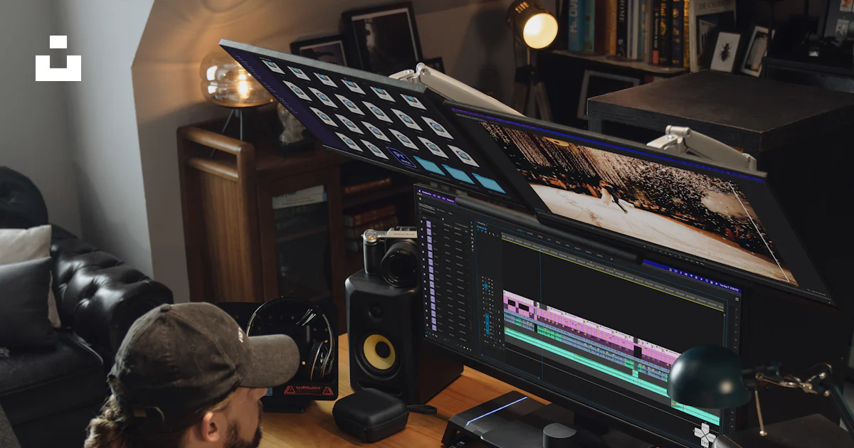 A person edits video at a modern computer setup. photo – Free Business ...