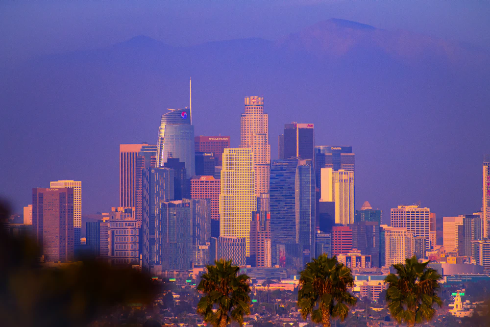Downtown Los Angeles skyline at sunset