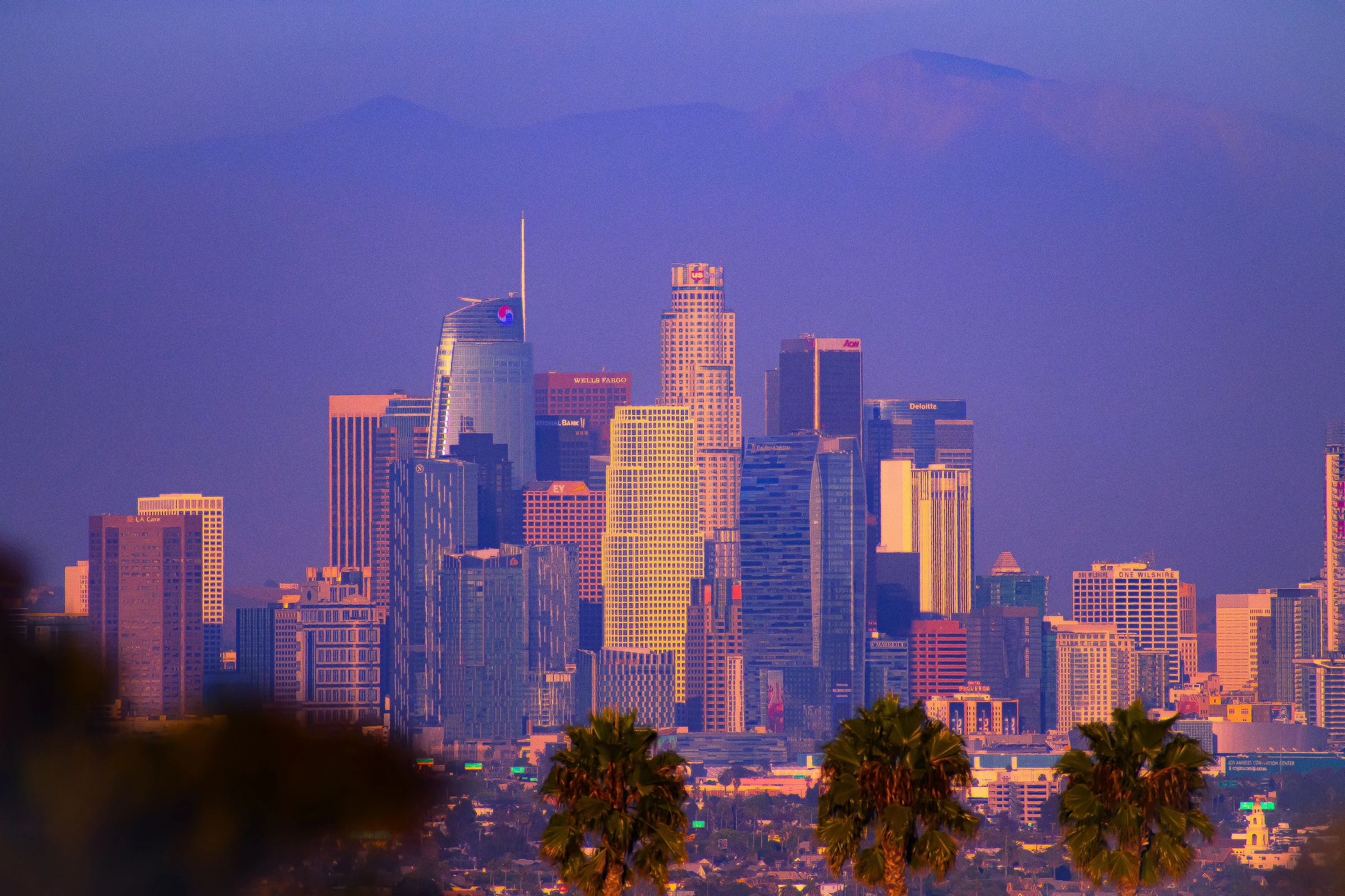 Downtown Los Angeles skyline at sunset from Bunker Hill