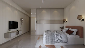 Modern bedroom with neutral tones and stylish decor