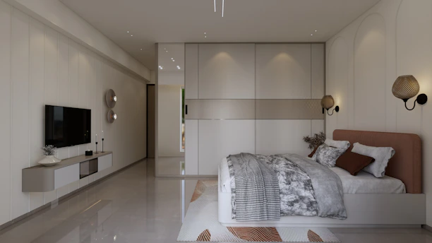 Modern bedroom with neutral tones and stylish decor