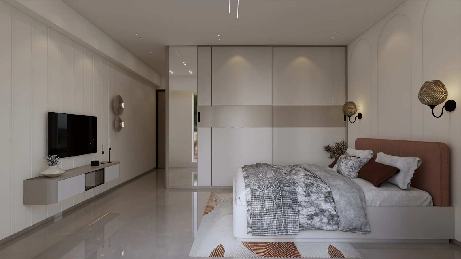 Calm modern bedroom with layered neutral bedding and green accents