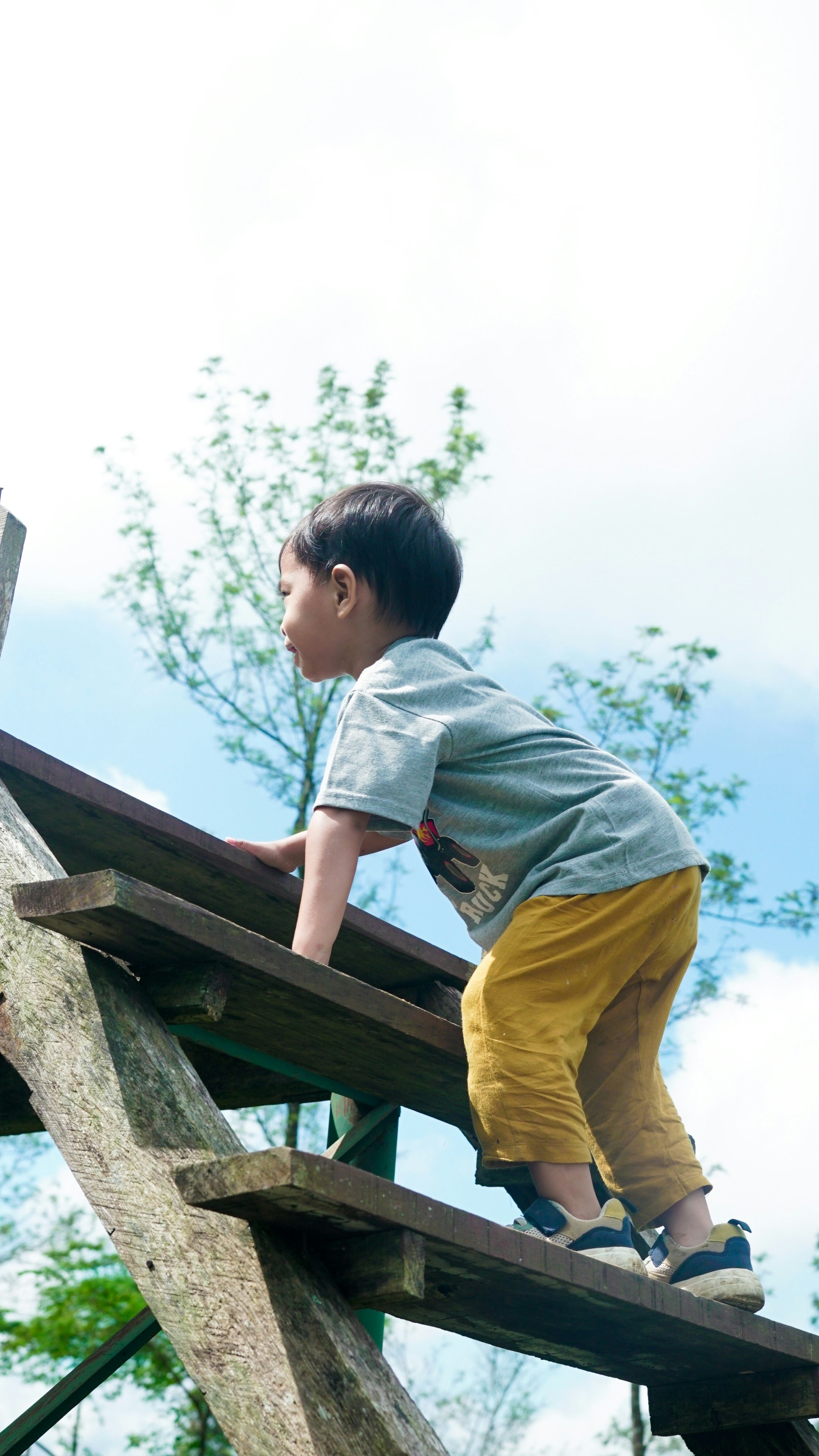 A young boy climbs a wooden staircase.