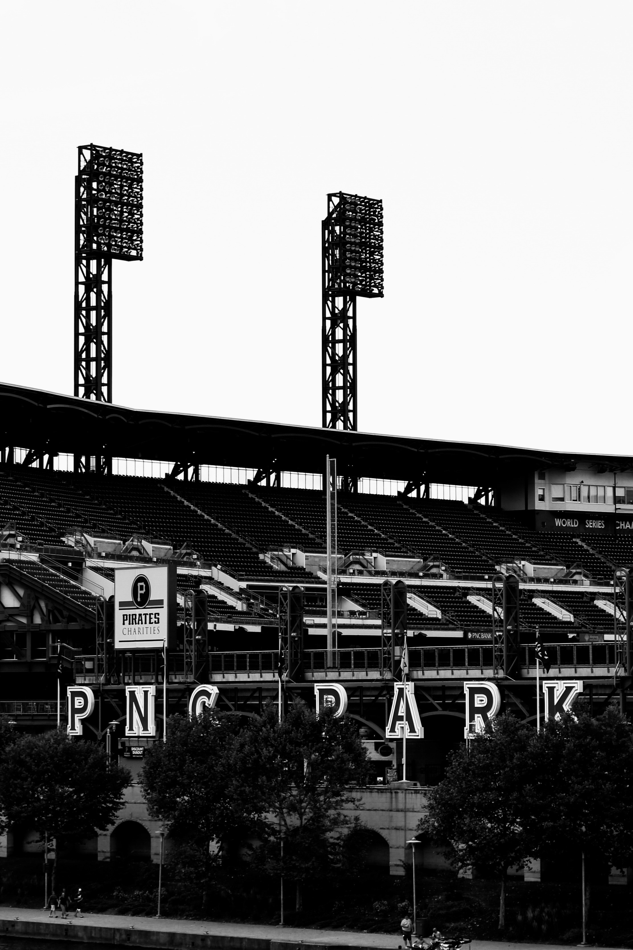 A black and white image of pnc park.
