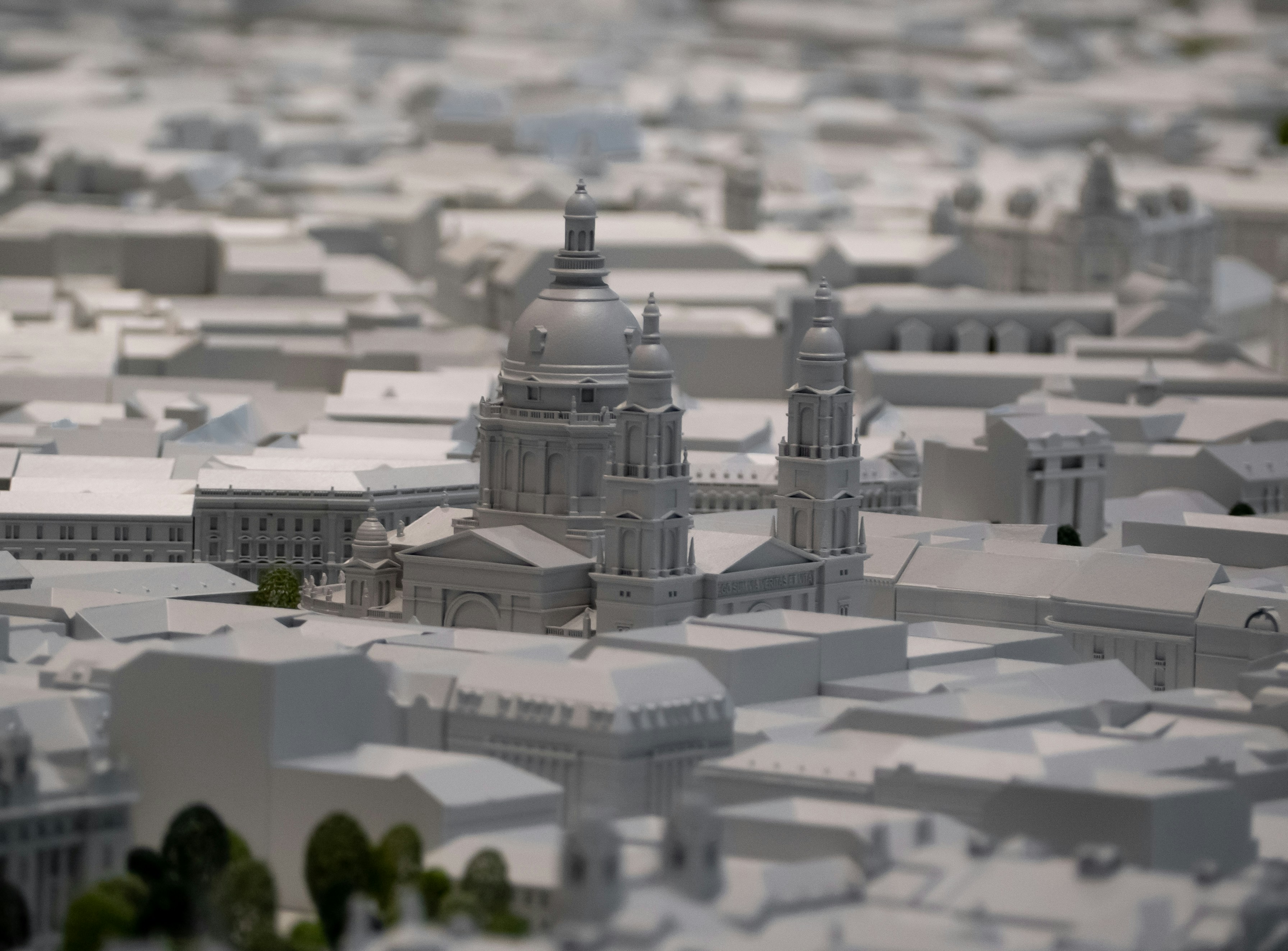 A detailed architectural model of a city.