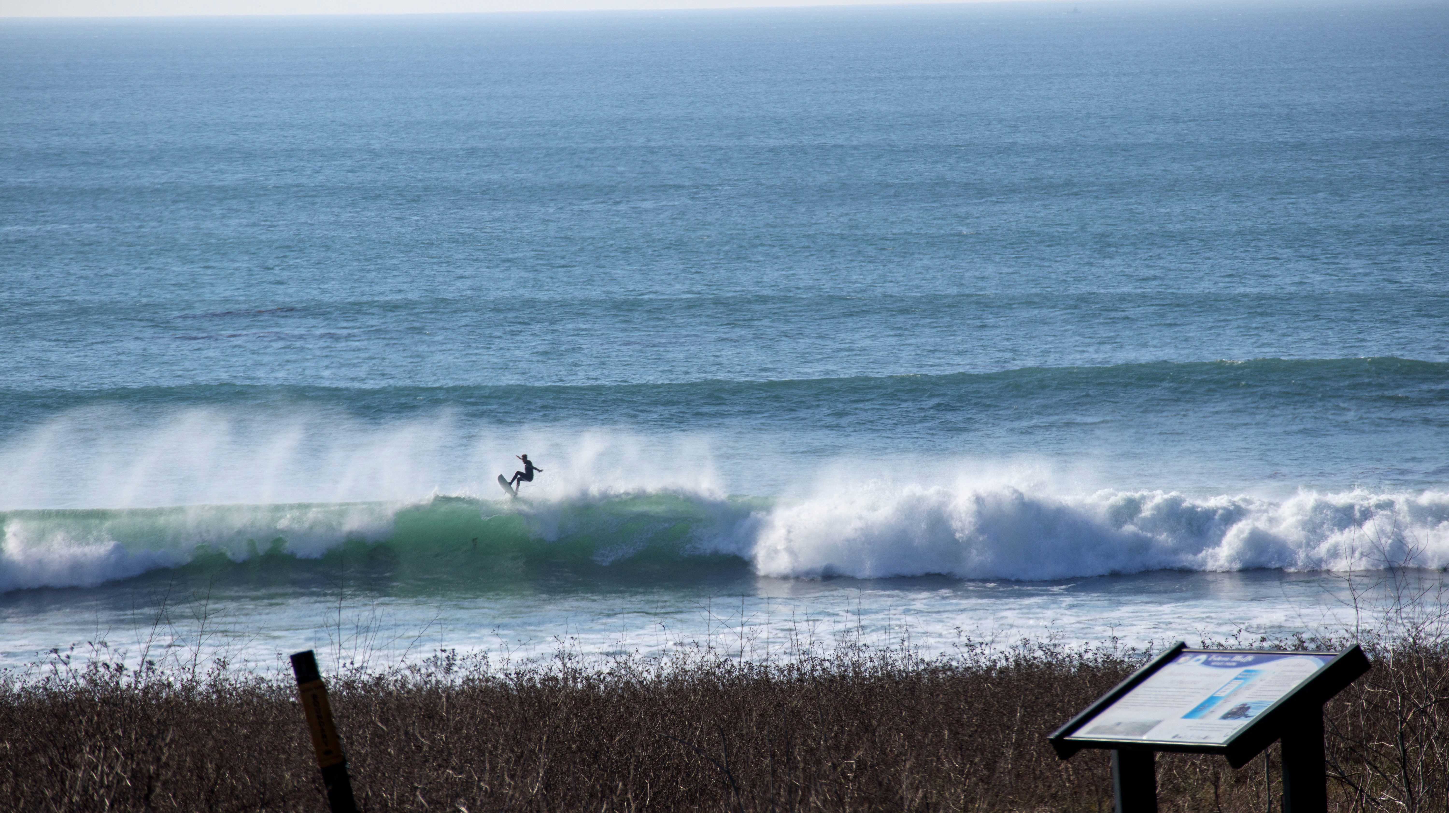 Surfer rides a wave in the ocean.