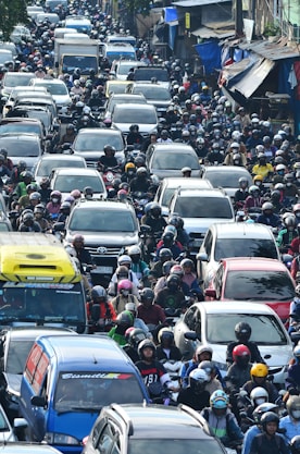 Heavy traffic congestion fills the road.
