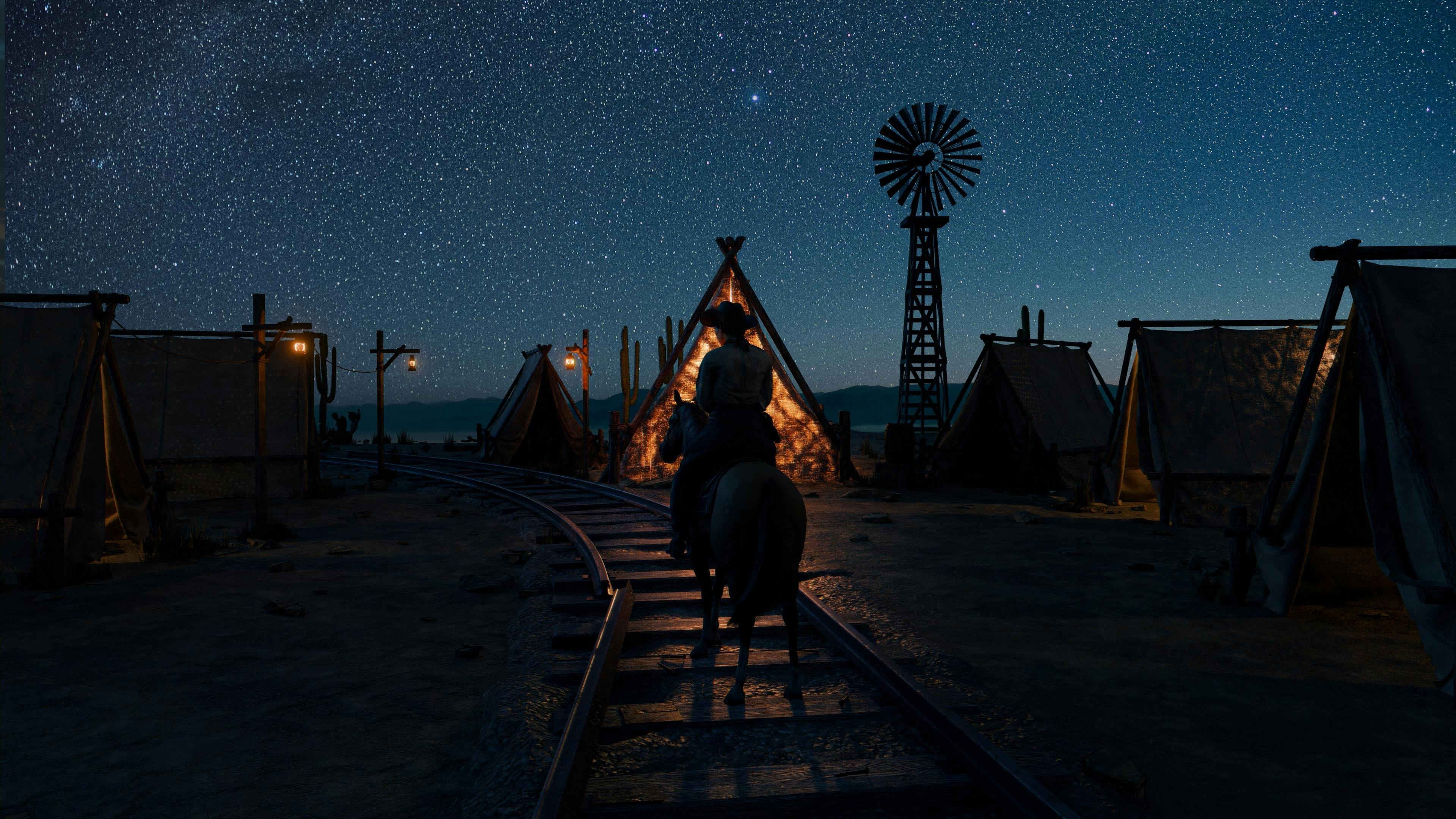 카우보이가 밤하늘 아래를 타고 있습니다.