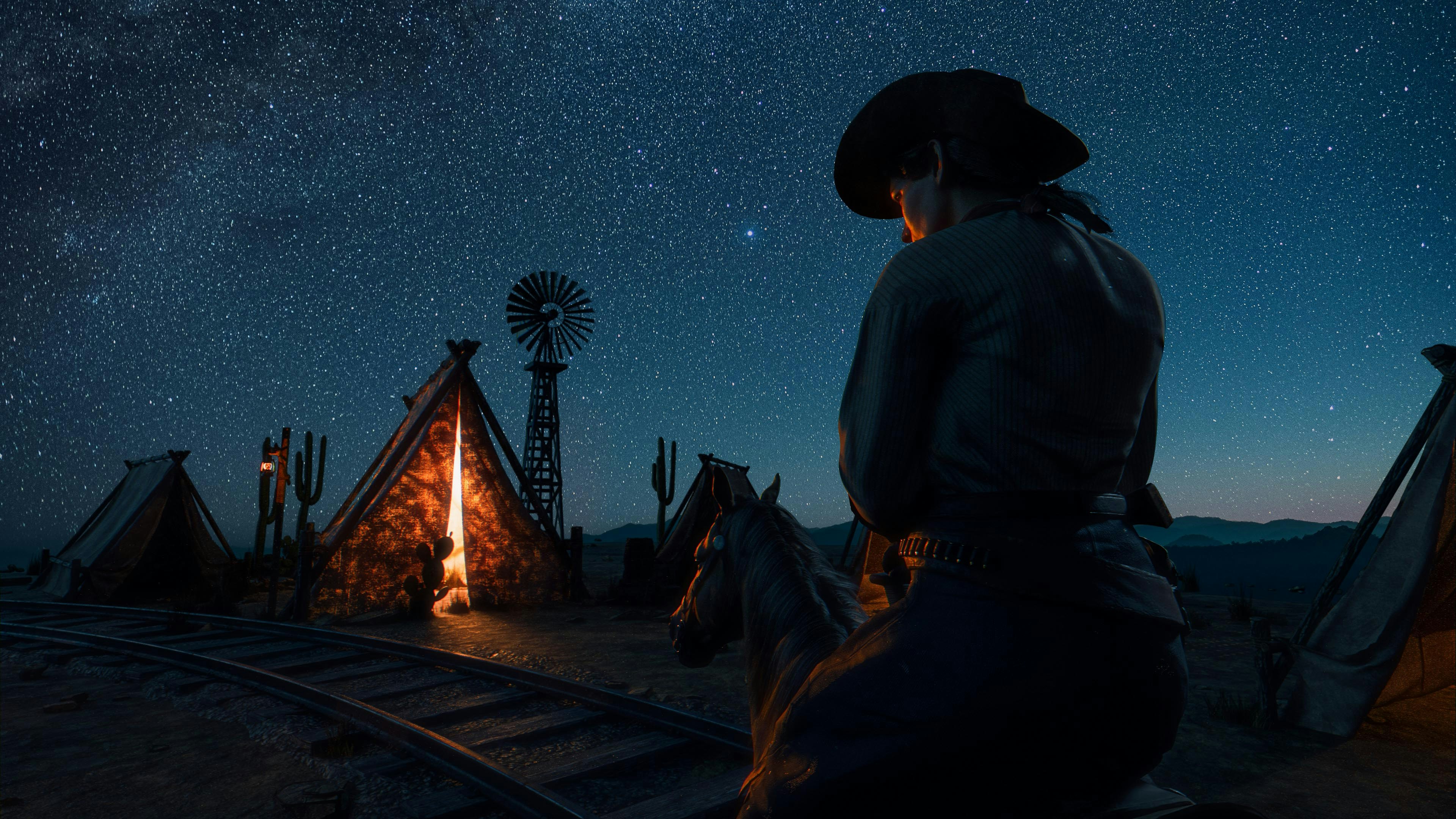 카우보이는 별이 빛나는 밤하늘 아래에서 명상합니다.