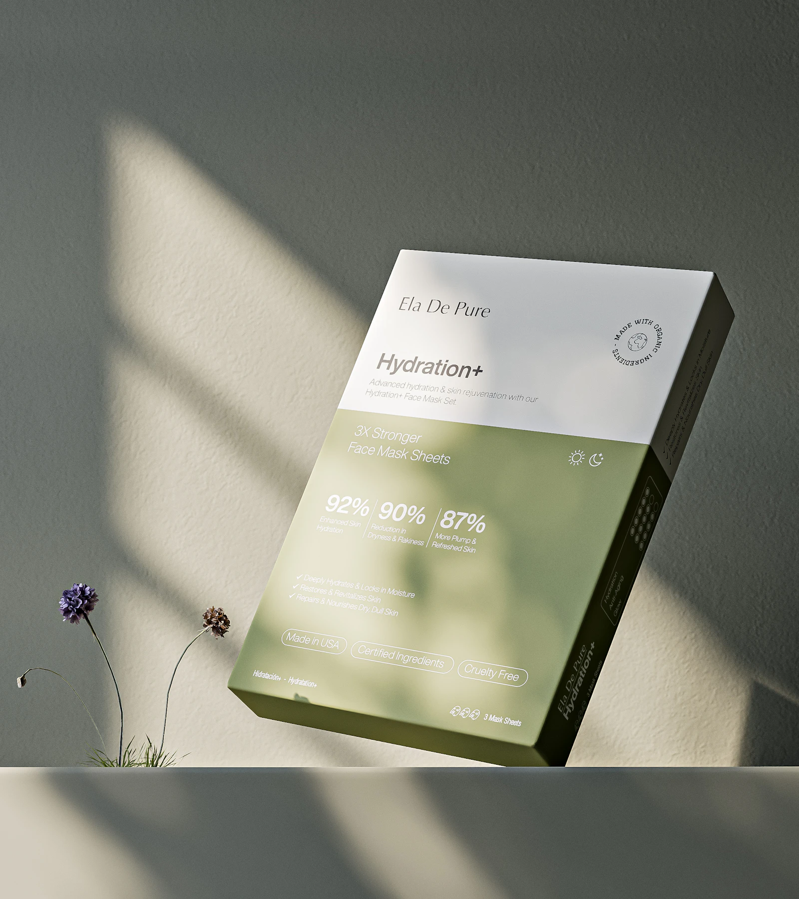 Box of hydrating face sheet masks with minimalist packaging