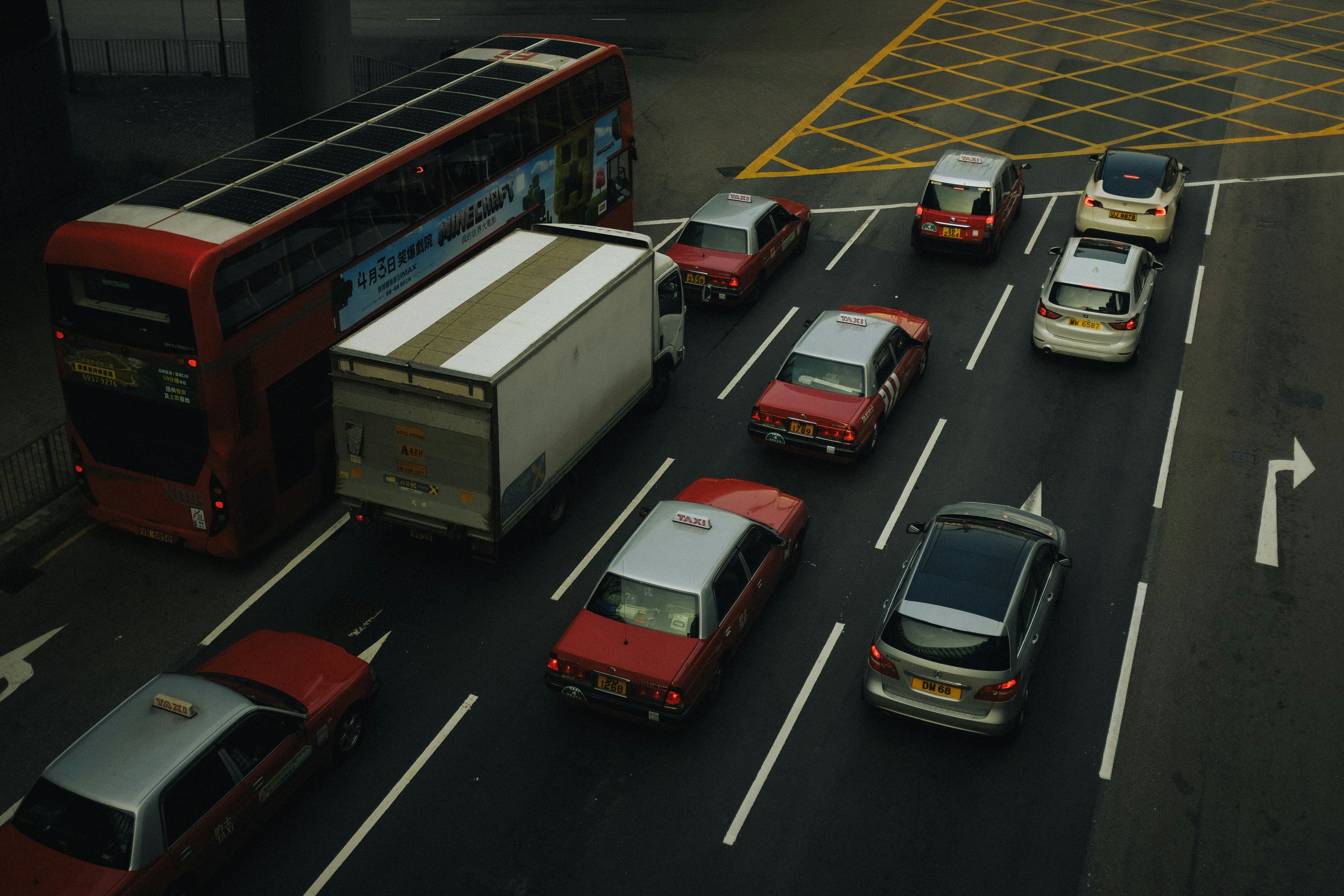 Traffic congestion with several vehicles on a road.