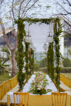 A decorated table and chairs await