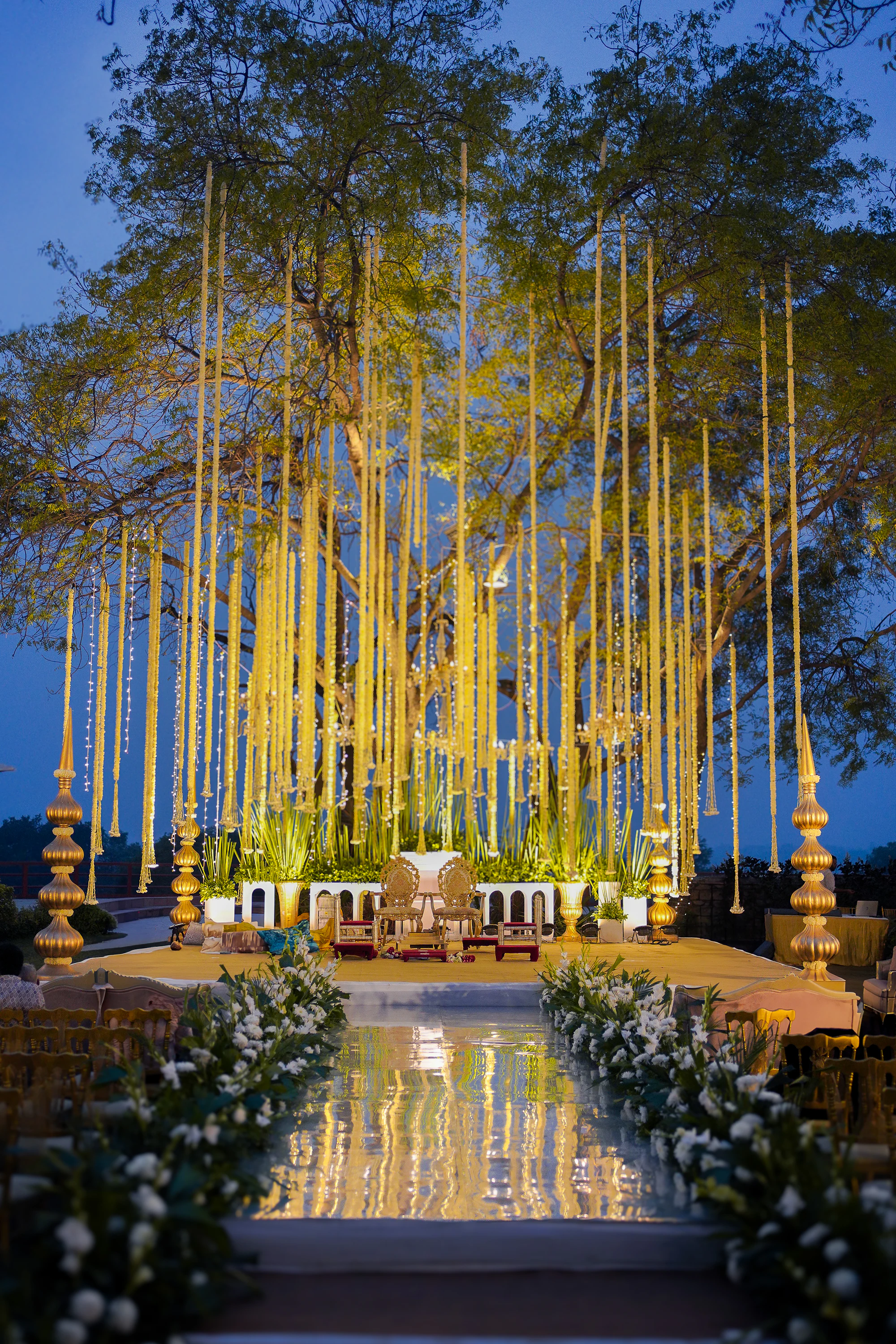 A decorated event stage set for a ceremony