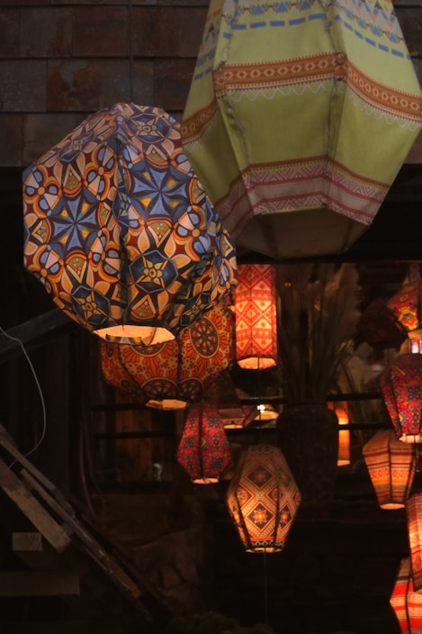 Colorful lanterns are hanging from the ceiling.