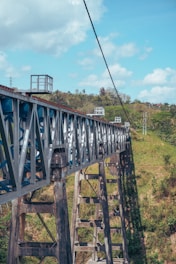 A high bridge spans across a lush landscape.