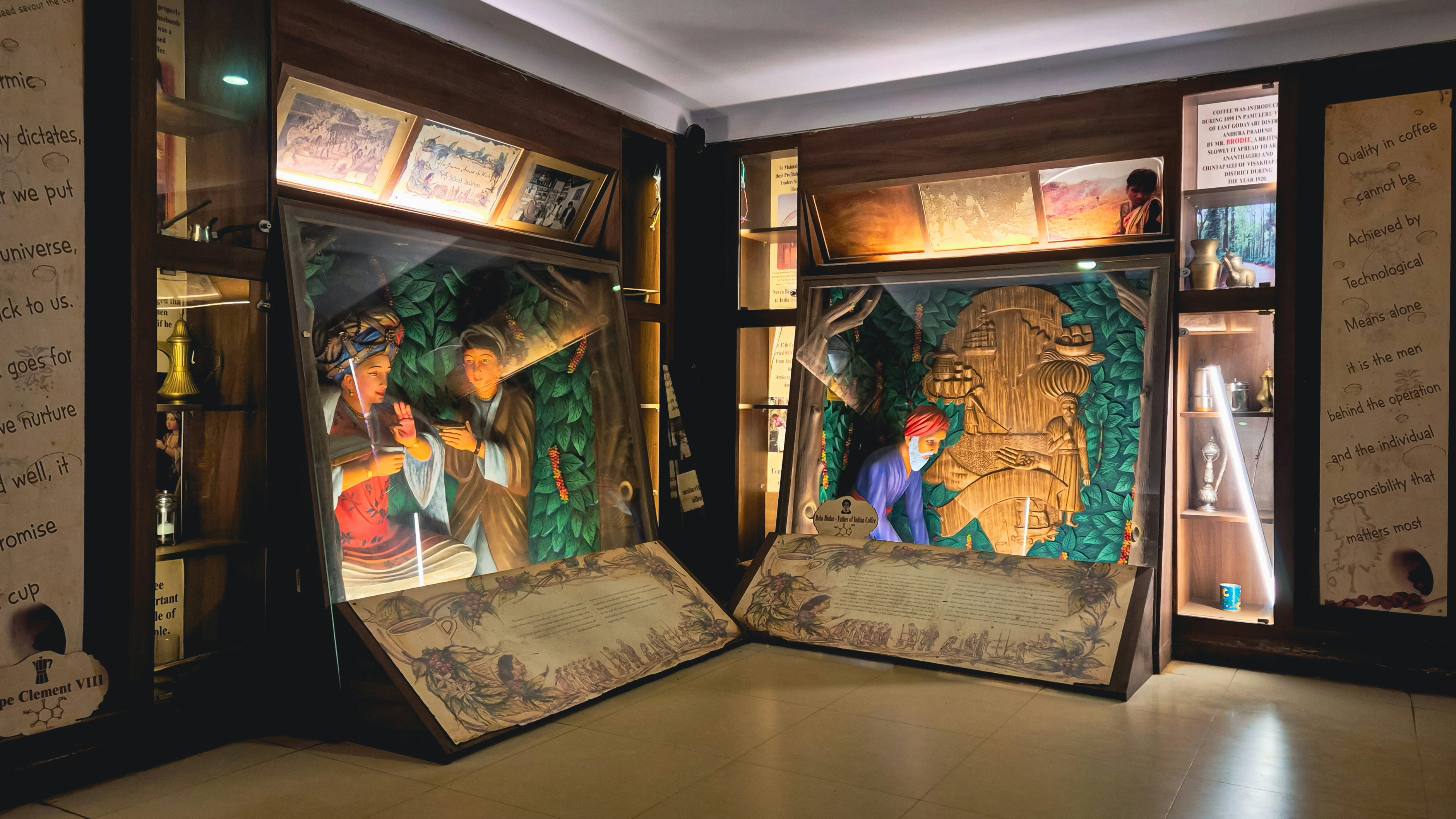 An exhibition room features vintage stained glass.