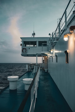 A ship's deck overlooks a calm ocean.