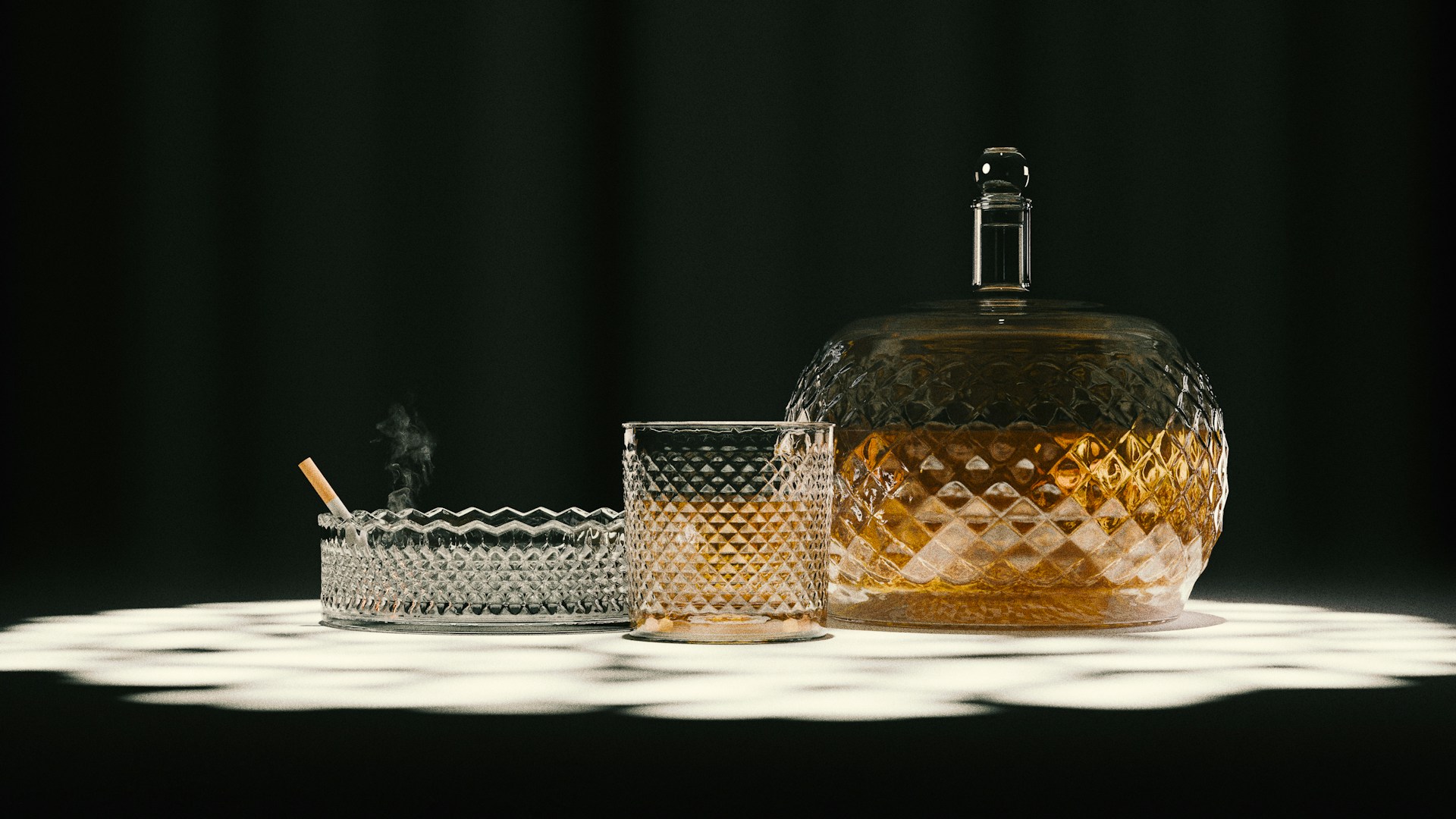 Whiskey, cigarette, and glassware are on display.