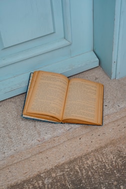 Open book lies near a blue door.