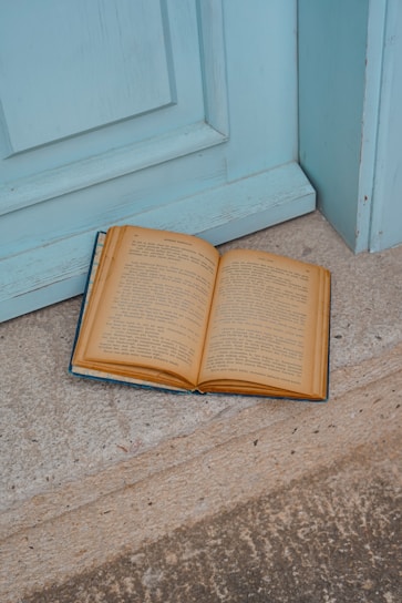 Open book lies near a blue door.