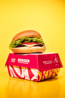A delicious burger sits on its colorful box.