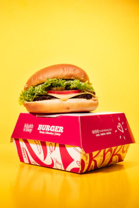 A delicious burger sits on its colorful box.