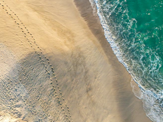 Footprints on a sandy beach next to the turquoise sea.