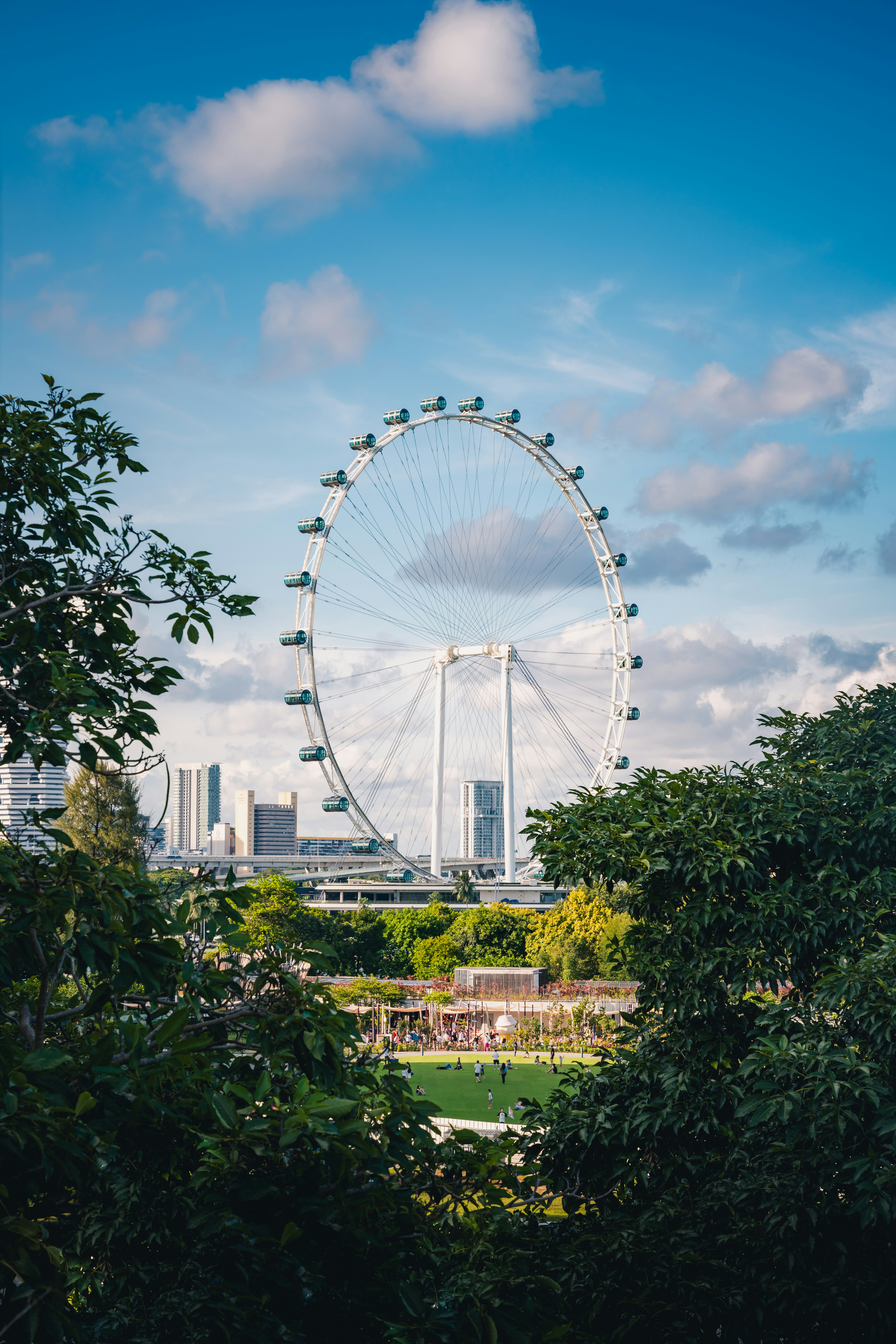 Ferris wheel dominates the skyline on a sunny day.