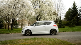 White car parked on a road with blooming trees.