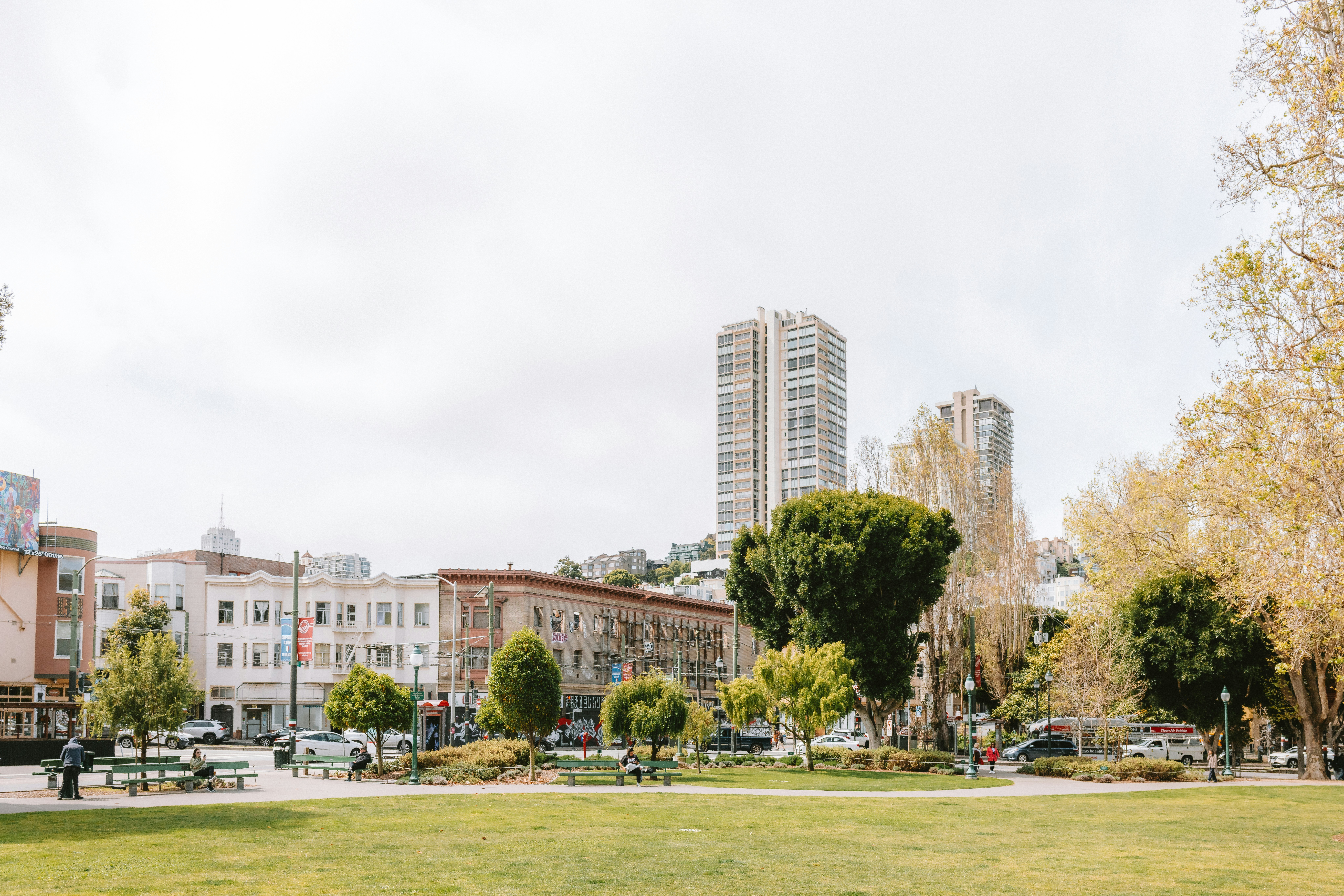 A grassy park with buildings in the background.