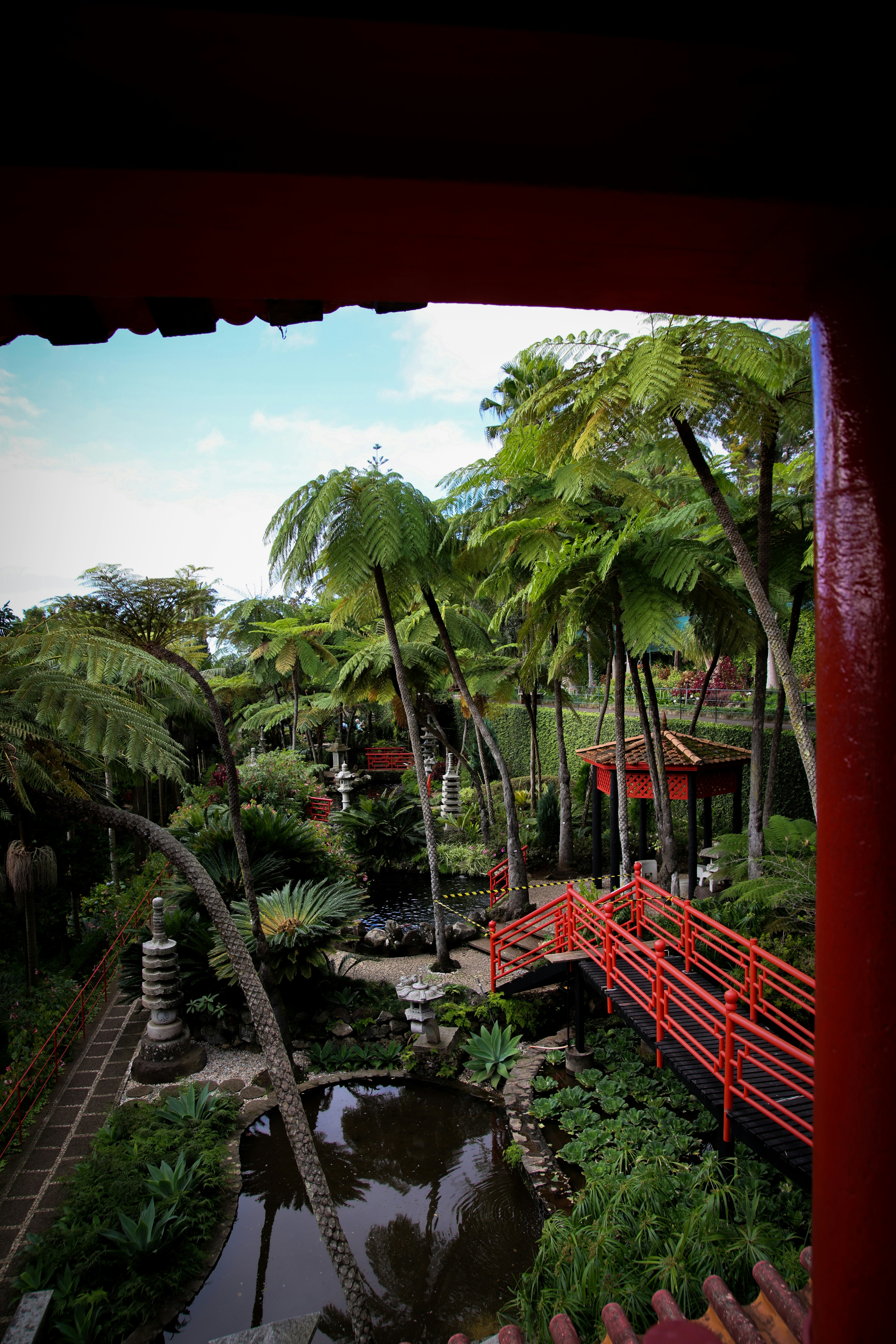 A beautiful japanese garden is seen through a frame.