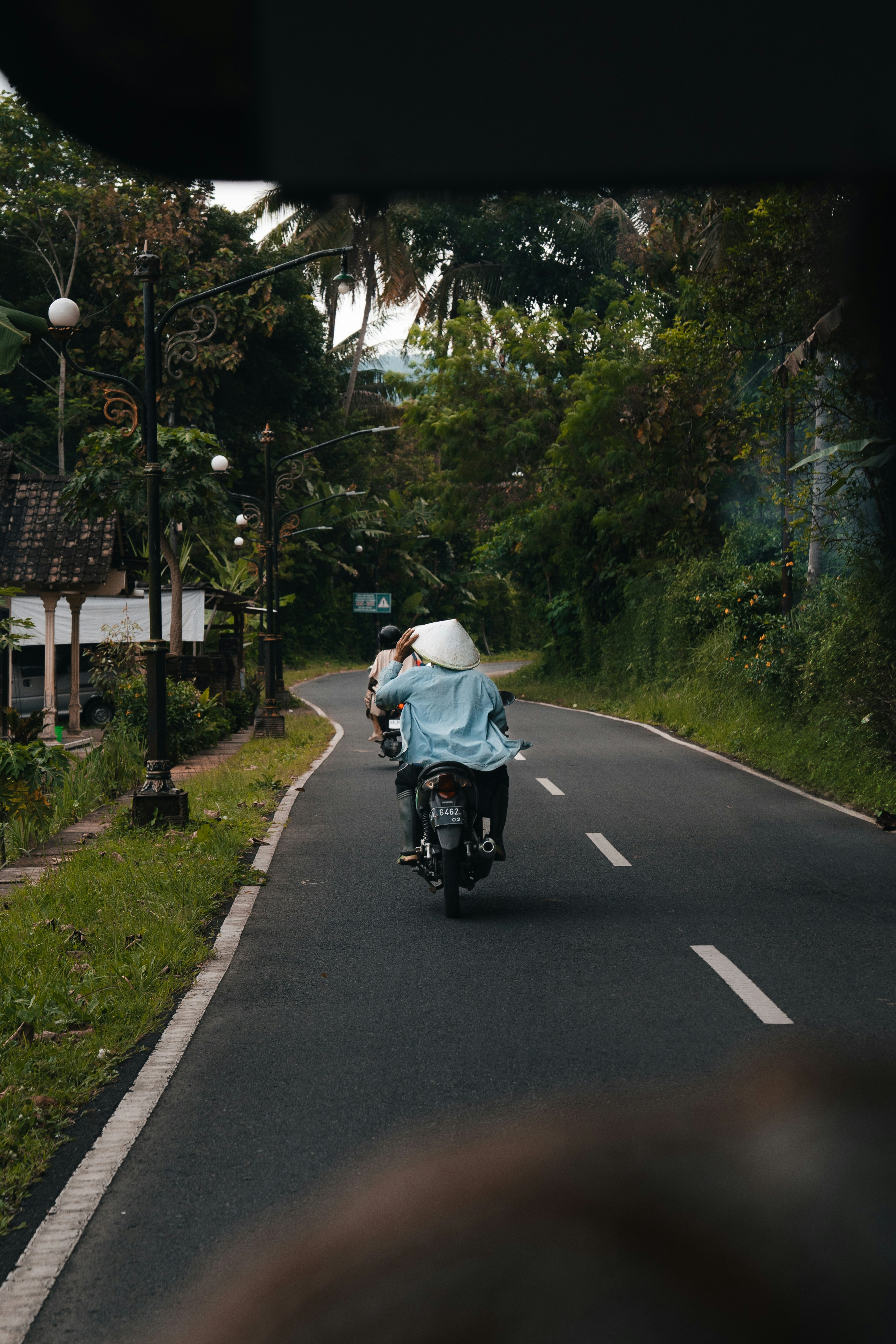 Motorcyclists ride down a winding, scenic road.
