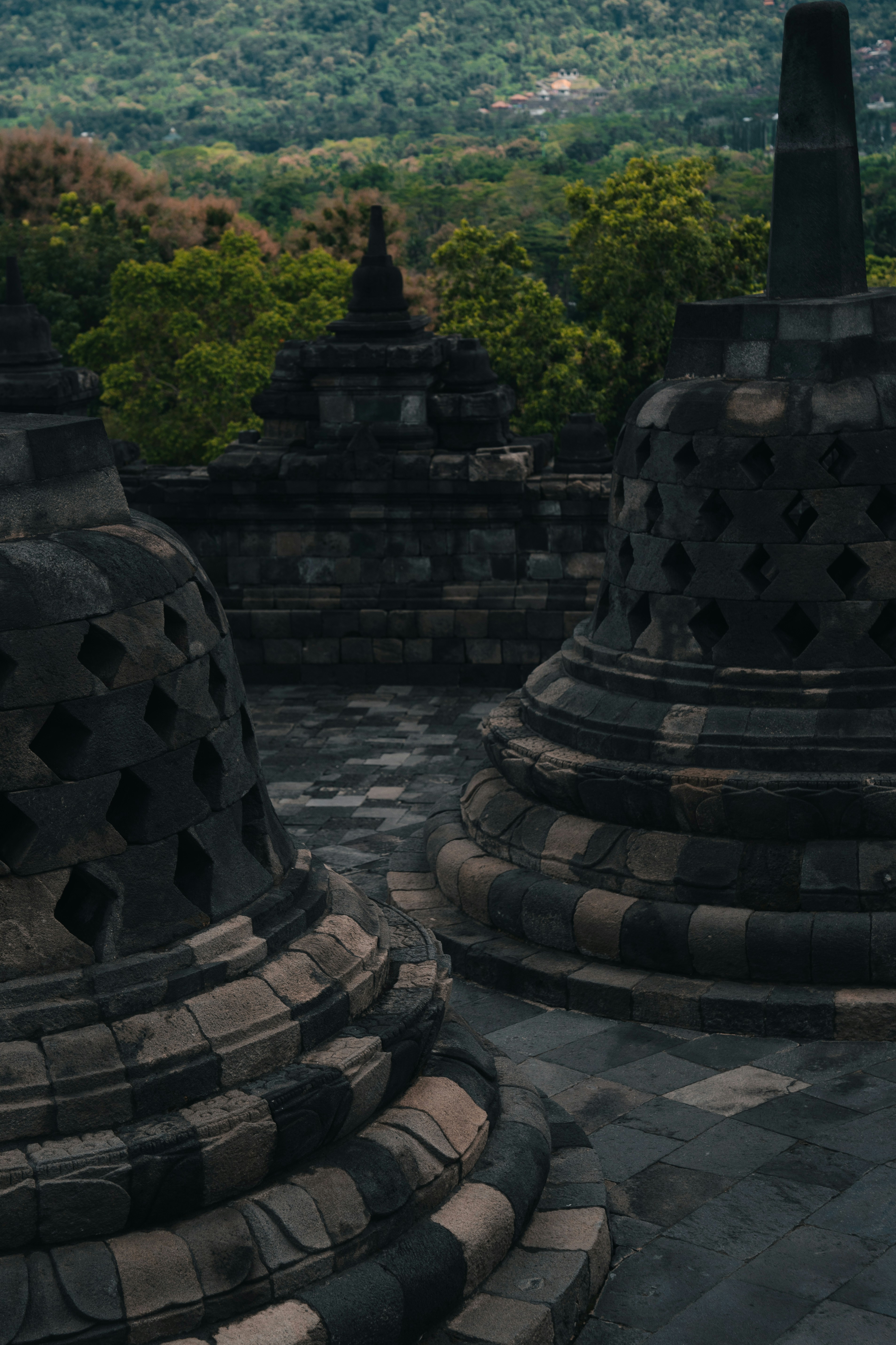 Stupas de pedra no templo de borobudur com vista para a paisagem.