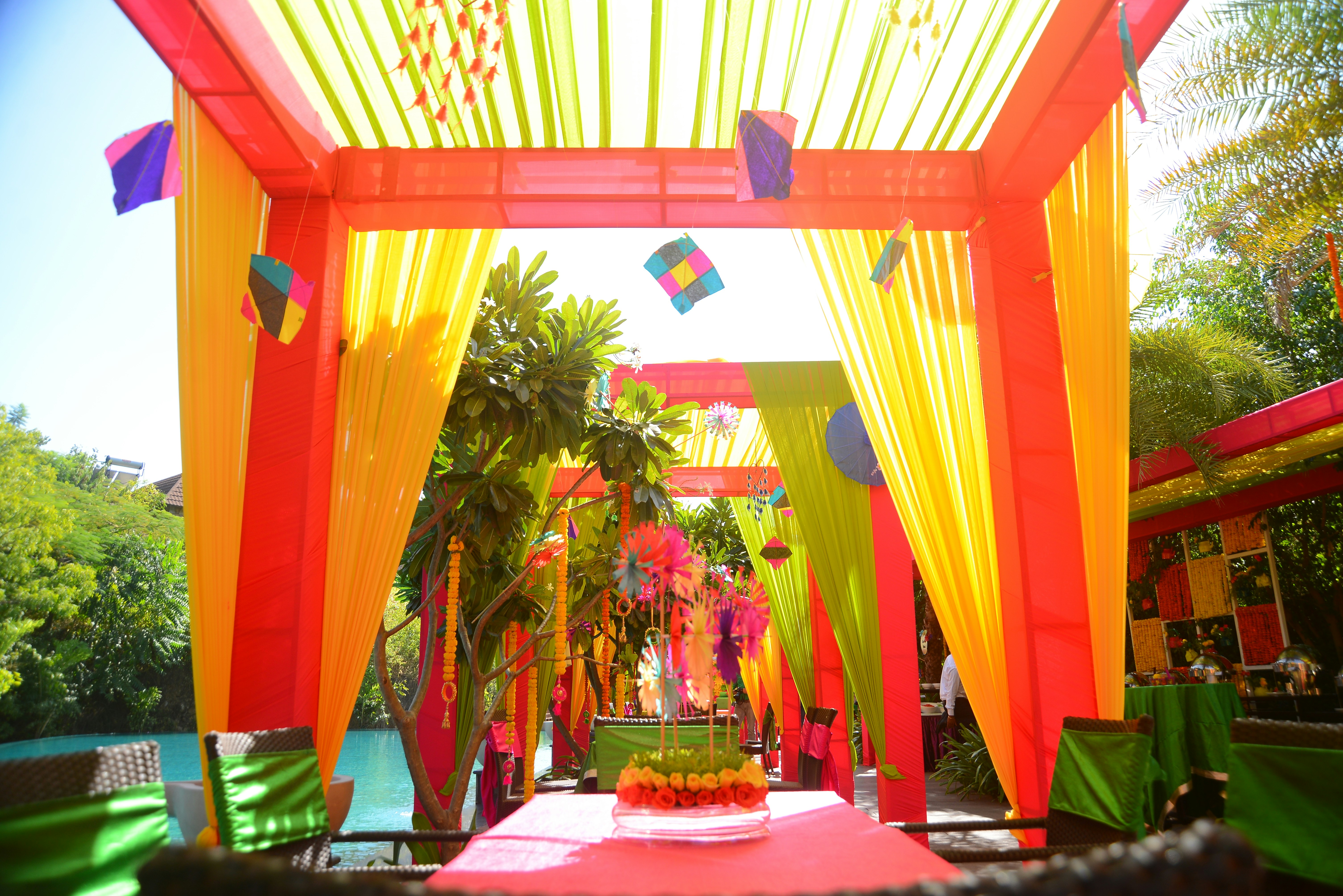 A colorful decorated entrance for a celebration.
