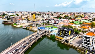 An aerial view of a busy city.