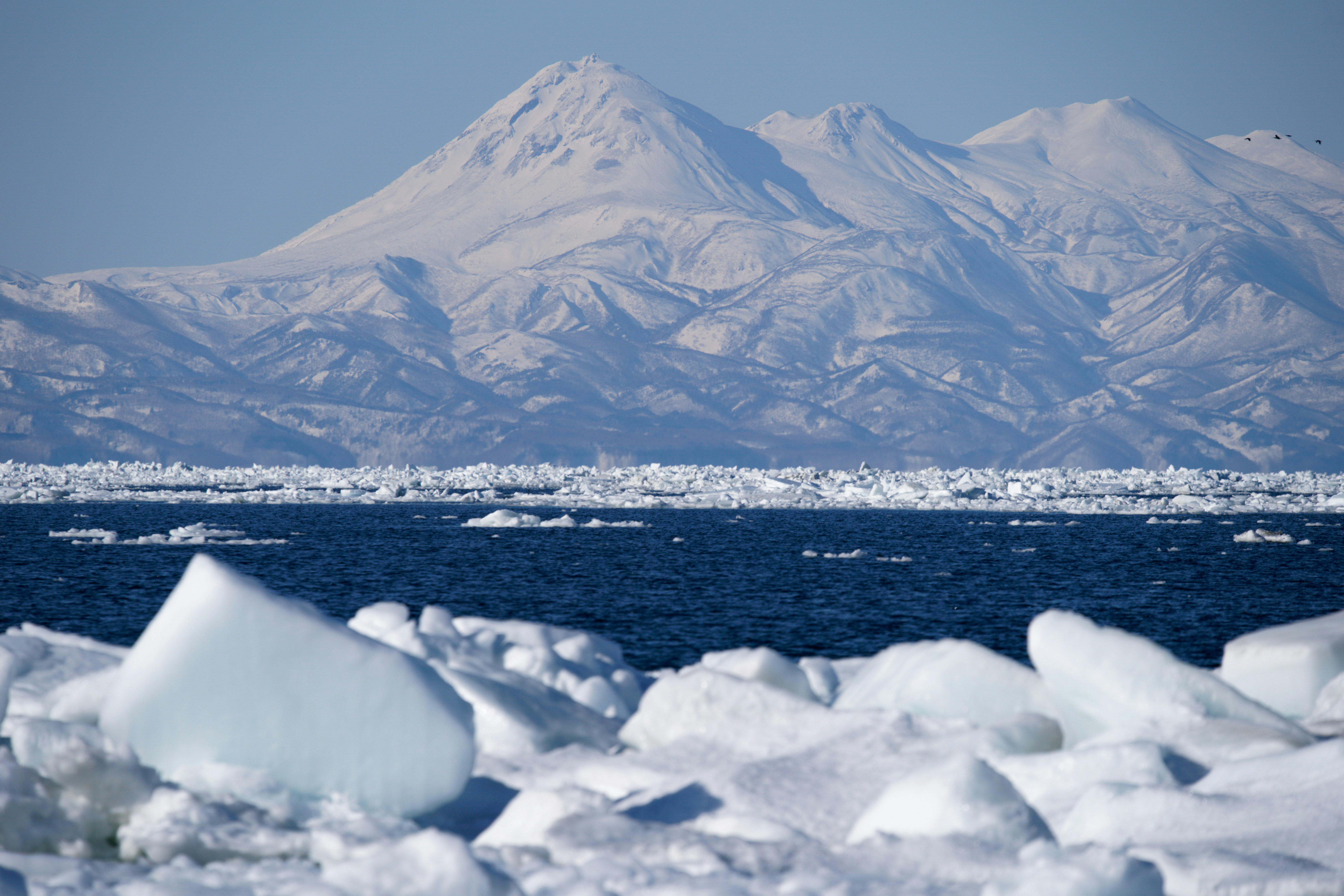 Snow-covered mountains rise above an icy sea.