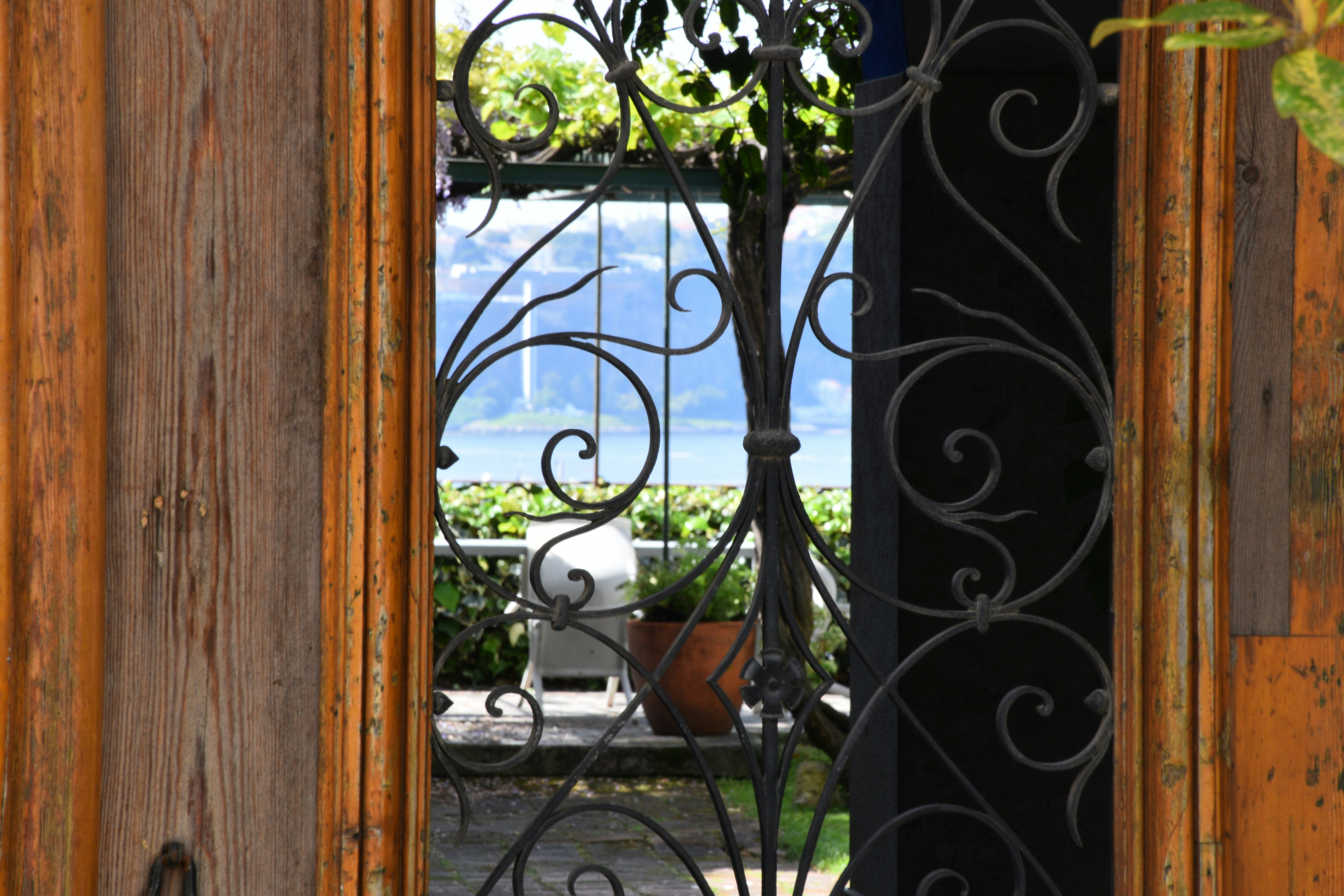 An open door reveals a serene outdoor scene.