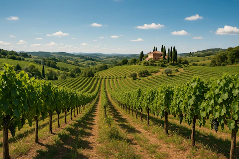 Vineyard rows lead to a beautiful tuscan villa.