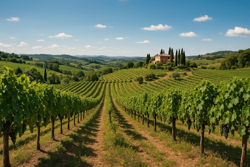 Vineyard rows lead to a beautiful tuscan villa.