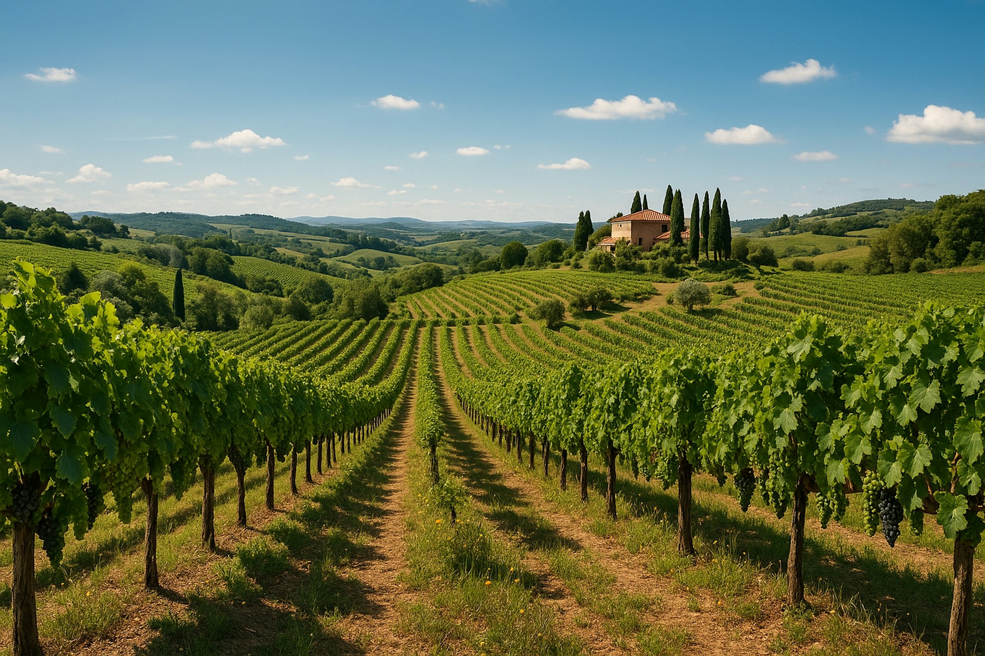 Vineyard rows lead to a beautiful tuscan villa.