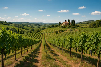 Vineyard rows lead to a beautiful tuscan villa.