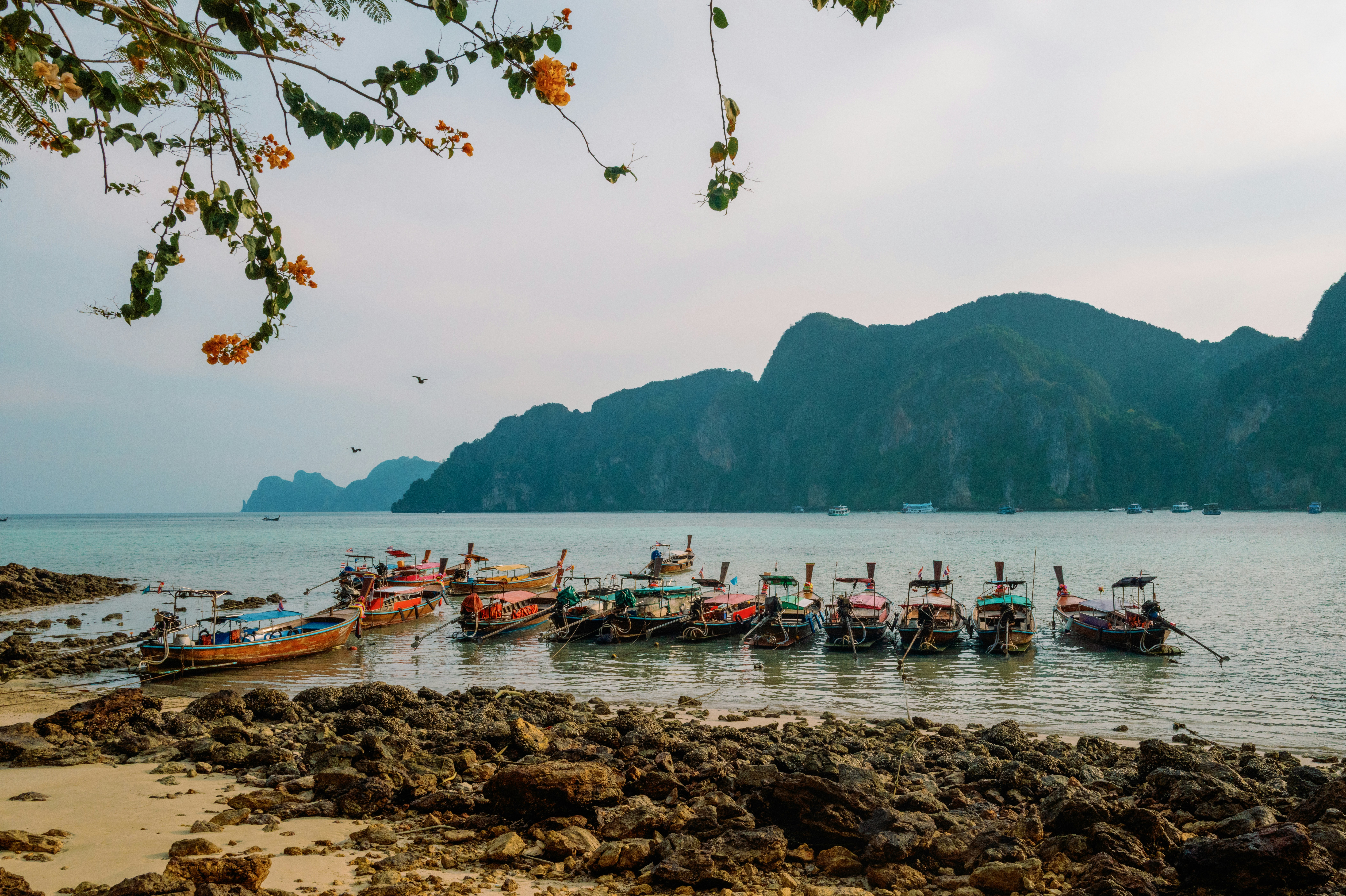 Boats bob on a tranquil beach near majestic mountains.