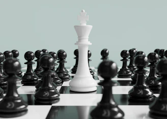 White king stands surrounded by black pawns.