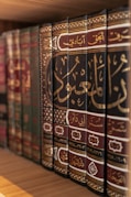 A bookshelf displays several antique, arabic-script books.