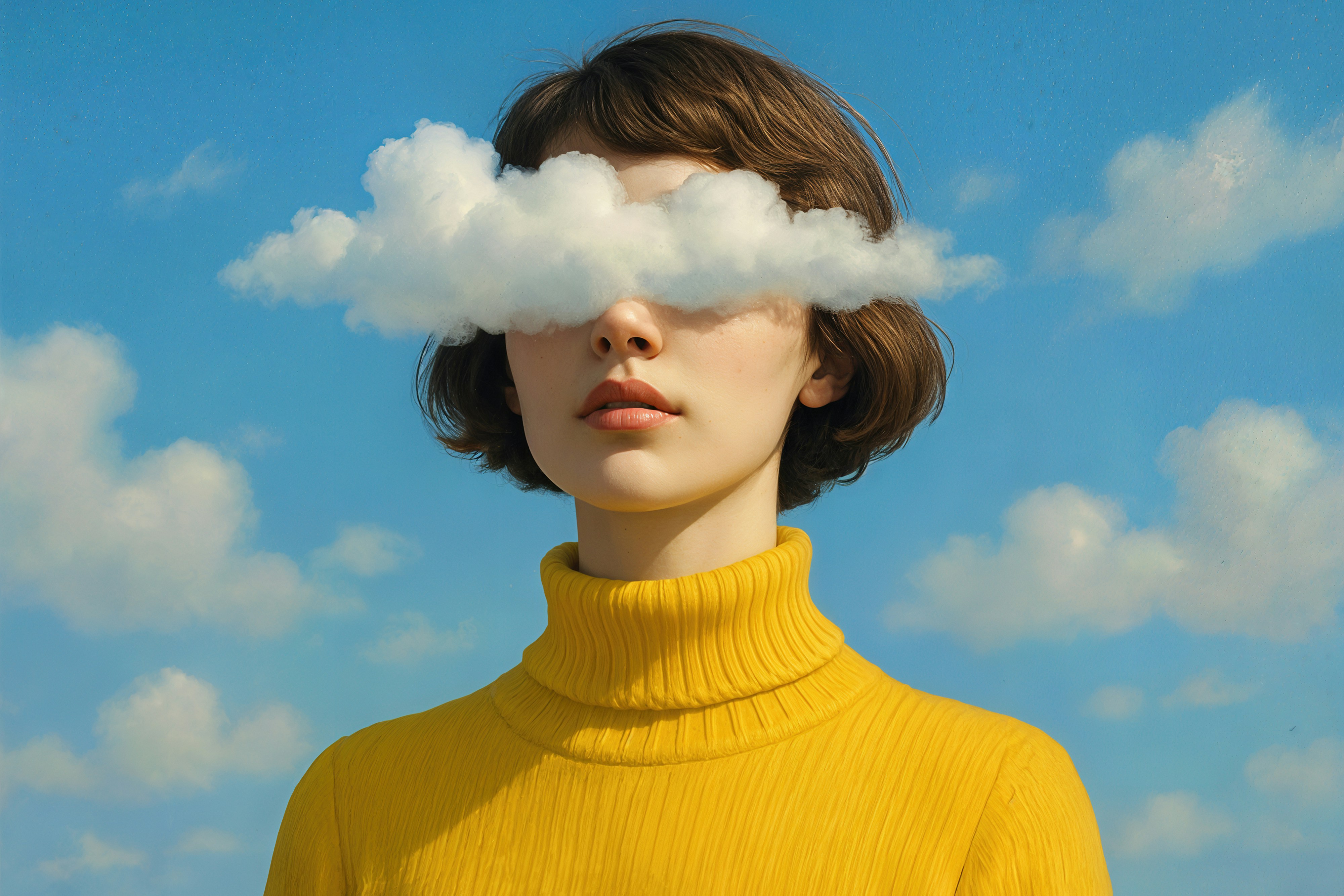 A woman has clouds blocking her eyes.